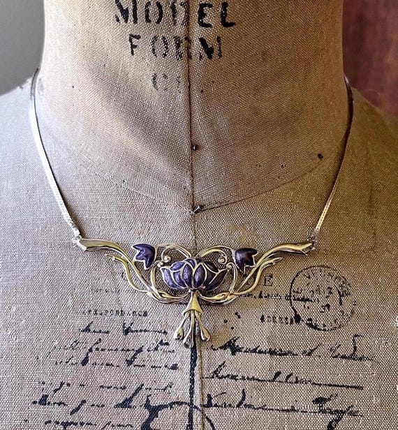 Romantic vintage Franklin Mint 1986 Art Nouveau Revival Sterling Silver Vermeil luminous purple Enamel hallmarked Lotus Collier Necklace