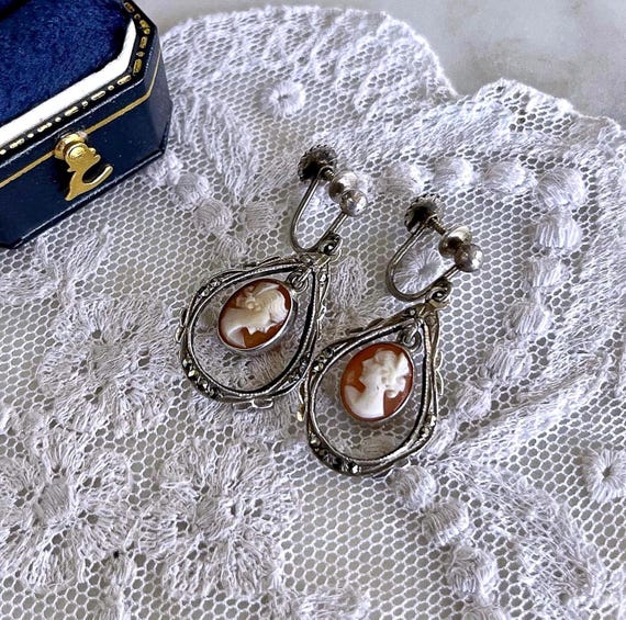 Victorian 800 Silver Conch Shell Cameo Marcasite Dangle Earrings