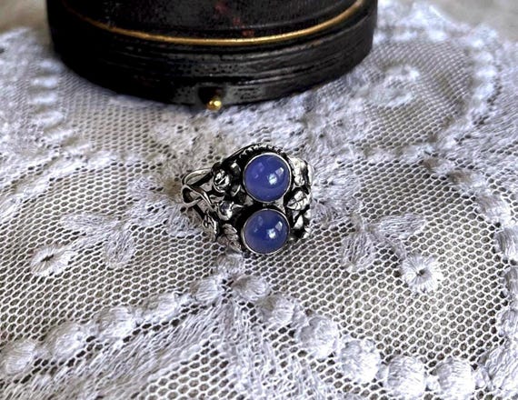 Antique German Arts and Crafts Sterling Silver Blue Chalcedony hallmarked size 5.5 Statement Ring