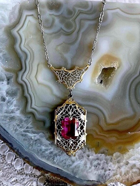Delicate antique Edwardian Gold Rolled Rhodium Plated filigree brilliant faceted Ruby Red Paste Stone accented exquisite Lavaliere Necklace