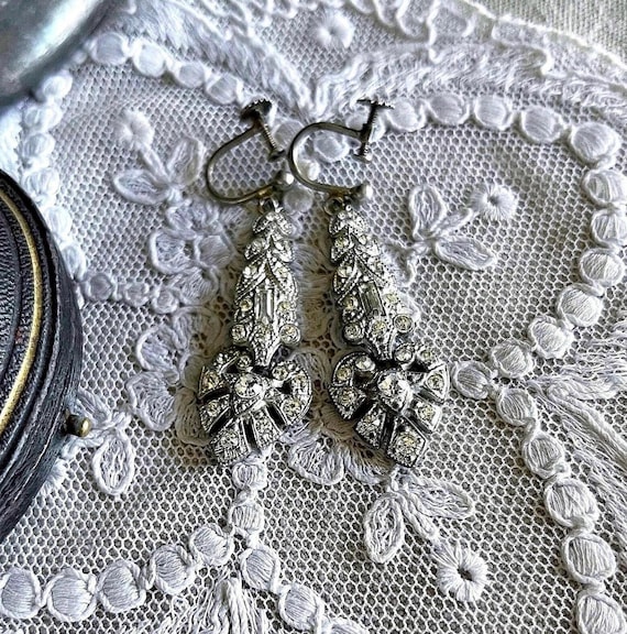 Sophisticated antique Art Deco European 835 Silver brilliant faceted Paste Stone accented gorgeous hallmarked screw back Drop Earrings