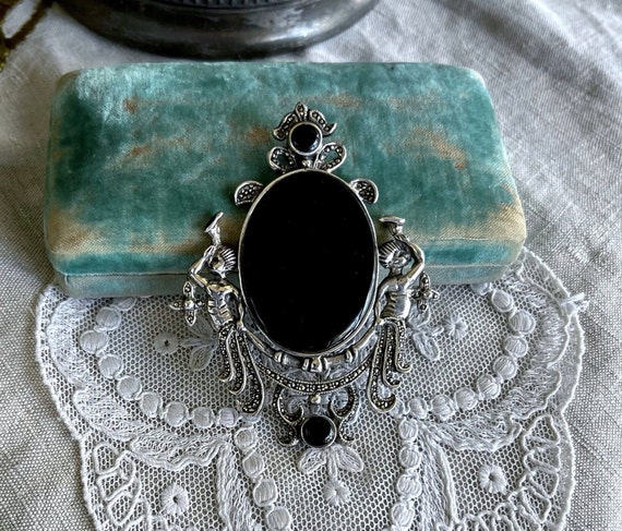 Ethereal vintage Art Nouveau Revival Sterling Silver genuine Onyx gemstone faceted Marcasite accented fine hallmarked Statement Brooch