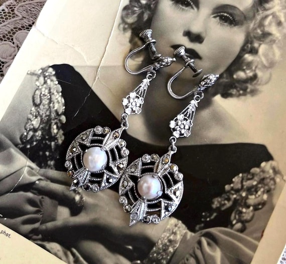 Edwardian antique Sterling Silver genuine Cultured Pearl faceted Marcasite accented Screw back drop Earrings