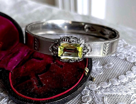 Art Deco Uranium Vaseline Glass Sterling Silver Bangle Bracelet - 1930s