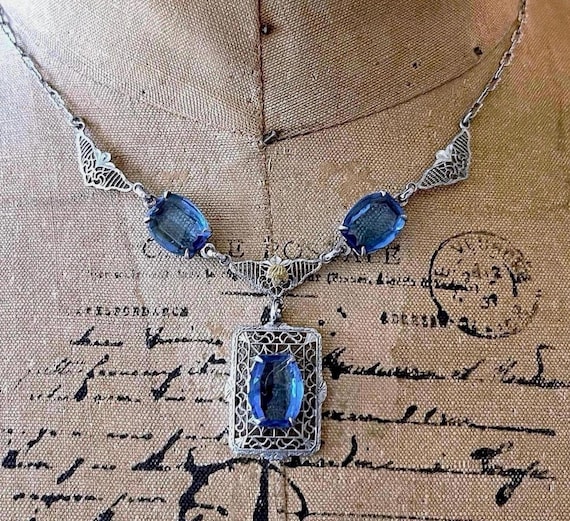 Delicate antique Edwardian Sterling Silver Gold Rolled Rhodium Plated filigree Blue Paste Stone accented exquisite Lavaliere Necklace