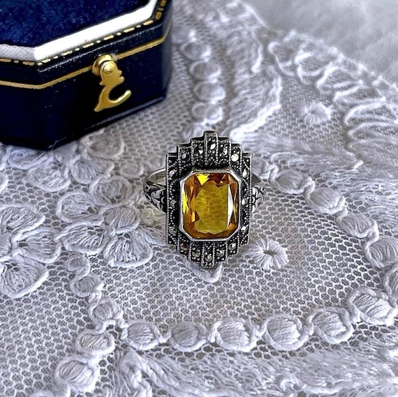 Vintage Art Deco Sterling Silver Topaz Paste Cocktail Ring – Uncas 1930s Size 5
