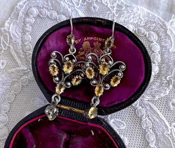 Vintage Astro Hungarian Georgian Revival Sterling Silver Citrine gemstone pierced Drop Earrings