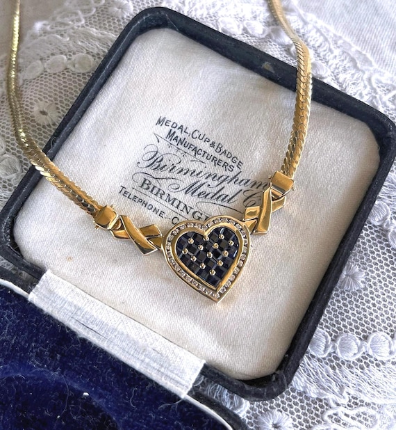 Vintage 14K Faceted Sapphire Baguette Diamond accented Heart signed Herringbone Necklace