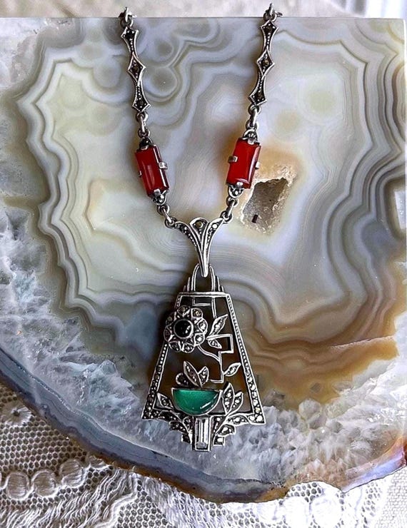 Antique German Art Deco Sterling Silver Carnelian Onyx Lavaliere Necklace