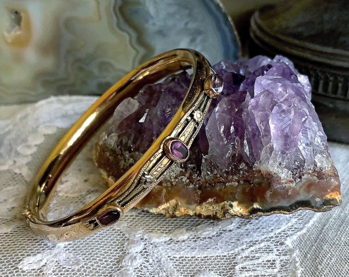 Antique Late Victorian FMCO Finberg Manufacturing Co. 14K Gold filled faceted Amethyst Purple Paste Stone accented stamped Bangle Bracelet