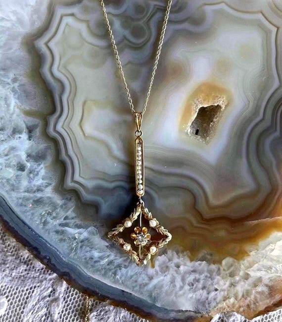 Victorian 10K Gold Filigree Lavaliere Necklace: Seed Pearl & Paste Stone