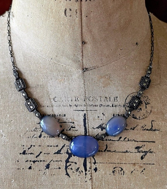 Rare antique Nov-E-Line Art Deco 1920s Sterling Silver genuine Blue Chalcedony faceted Marcasite accented ethereal stamped Bib Necklace