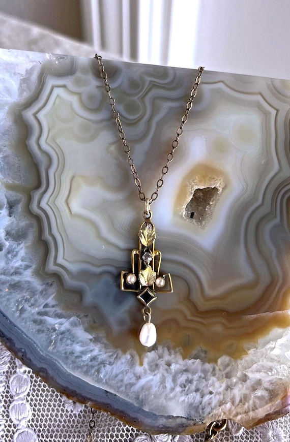 Antique Edwardian Pinchbeck Pendant Necklace: Diamond, Sapphire & Seed Pearl