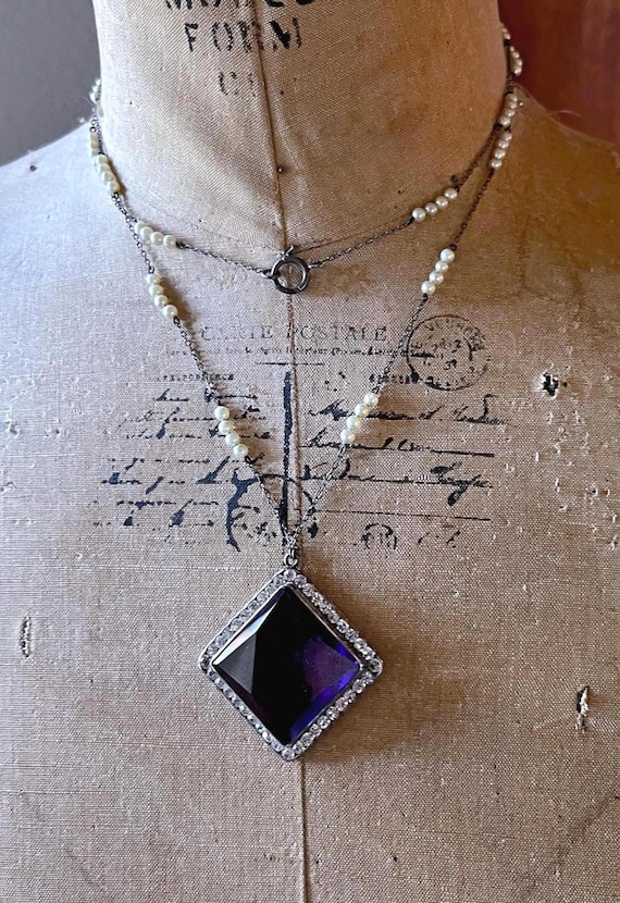 Art Deco Sterling Silver Paste Stone Necklace: Emerald Purple & Seed Pearl