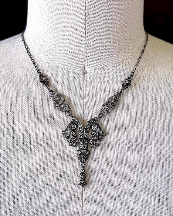 Romantic antique Edwardian Era demure Sterling Silver faceted Marcasite Crystal accented lovely stamped Lavaliere Choker Necklace
