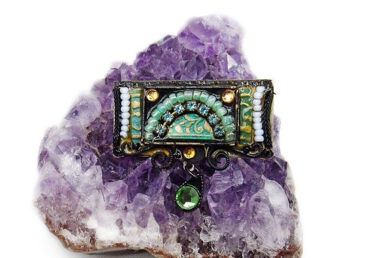 Amazing Adaya vintage Austrian Crystal Czech Glass Enamel handcrafted in Israel signed Artisan Brooch