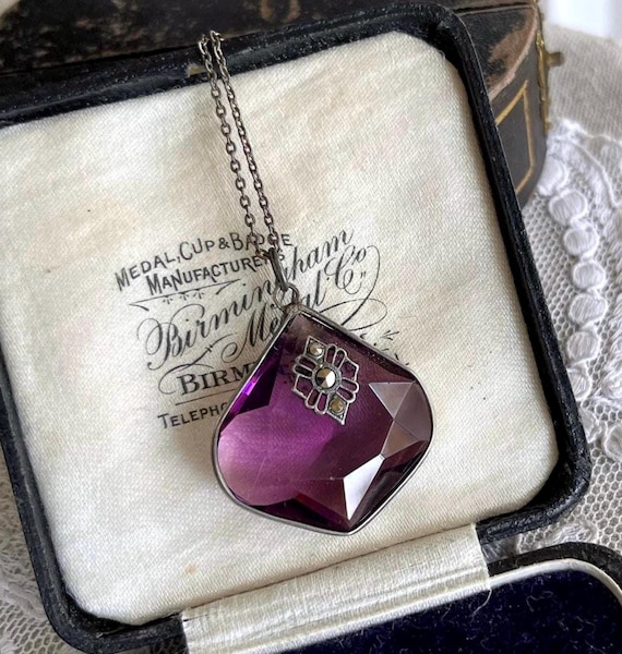 Charming antique Arts and Crafts Sterling silver brilliant Amethyst Purple Paste Stone faceted Marcasite accented unique Pendant Necklace