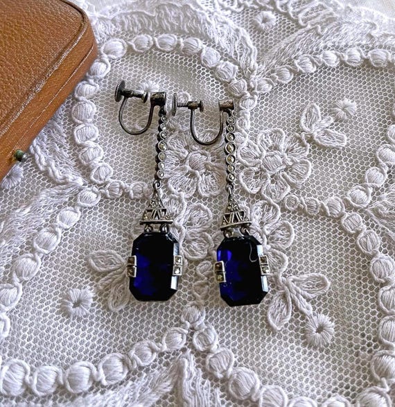 Antique German Sterling Silver Sapphire Paste Marcasite Drop Earrings – Edwardian Screw Back