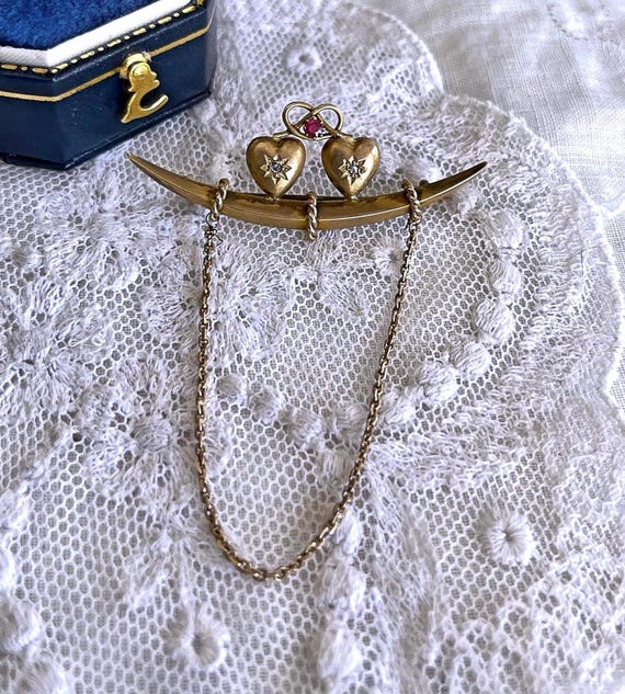 Victorian 9k Gold Dual Hearts Brooch: Antique Ruby Diamond Accent