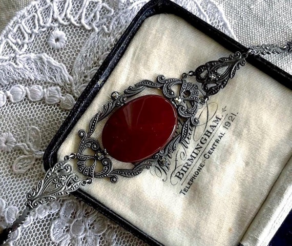 Luminous antique Edwardian 1910s-1920s Sterling Silver Carnelian Chalcedony faceted Marcasite accented exquisite stamped Bracelet