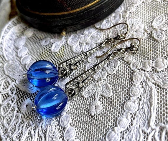 Vintage Art Deco Sterling Silver Cobalt Blue Glass Drop Earrings