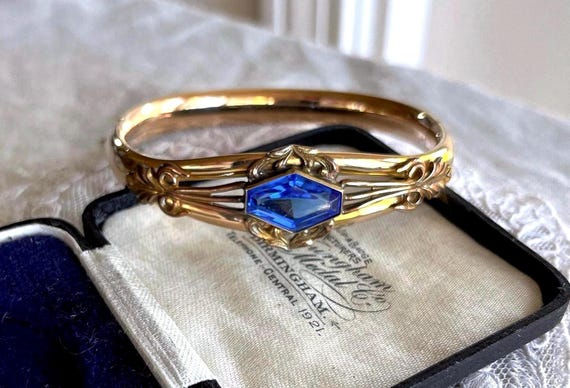 Antique Late Victorian “Allison” Pat. Oct 8, 1908 Gold filled Sapphire Blue faceted Paste Stone accented fine hallmarked Bangle Bracelet