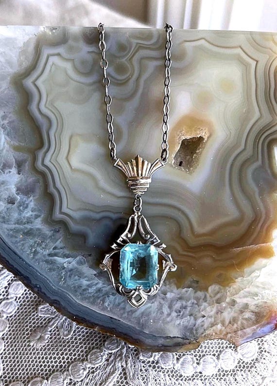 Art Deco Sterling Silver Topaz Paste Lavaliere Necklace: Geometric 1930s Pendant