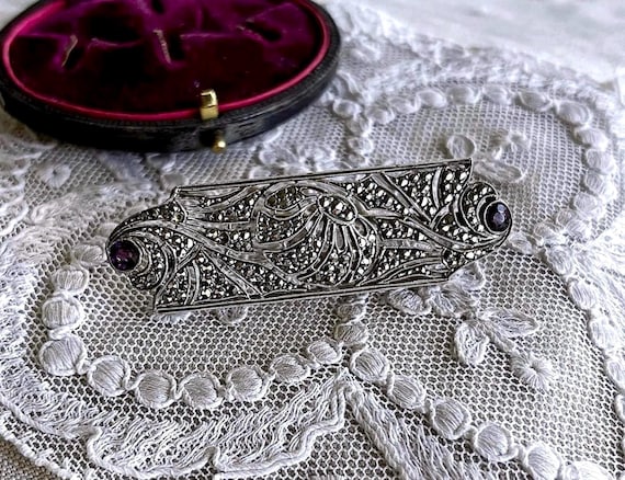 Antique French Edwardian Sterling Silver genuine faceted Amethyst Marcasite accented lovely stamped Statement Brooch