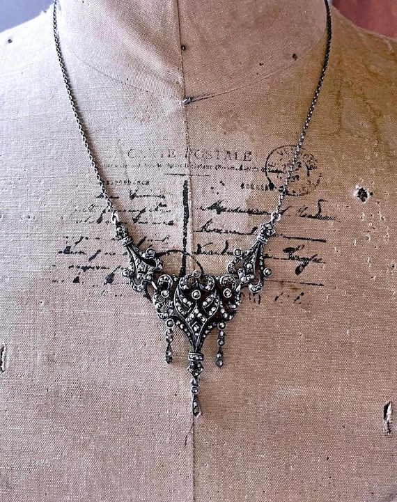 Vintage 1930s European Sterling Silver SIL Art Deco Marcasite hallmarked Lavaliere Necklace