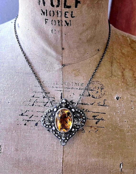 Antique Bohemian Revival Citrine Quartz Sterling Silver Necklace