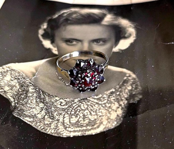 Vintage Rose Cut Garnet Cluster Ring: 830 German Silver Gilt, Size 6.5