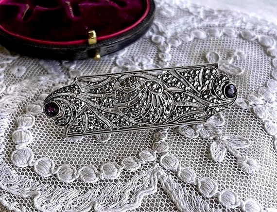 Antique French Sterling Silver Amethyst Marcasite Brooch
