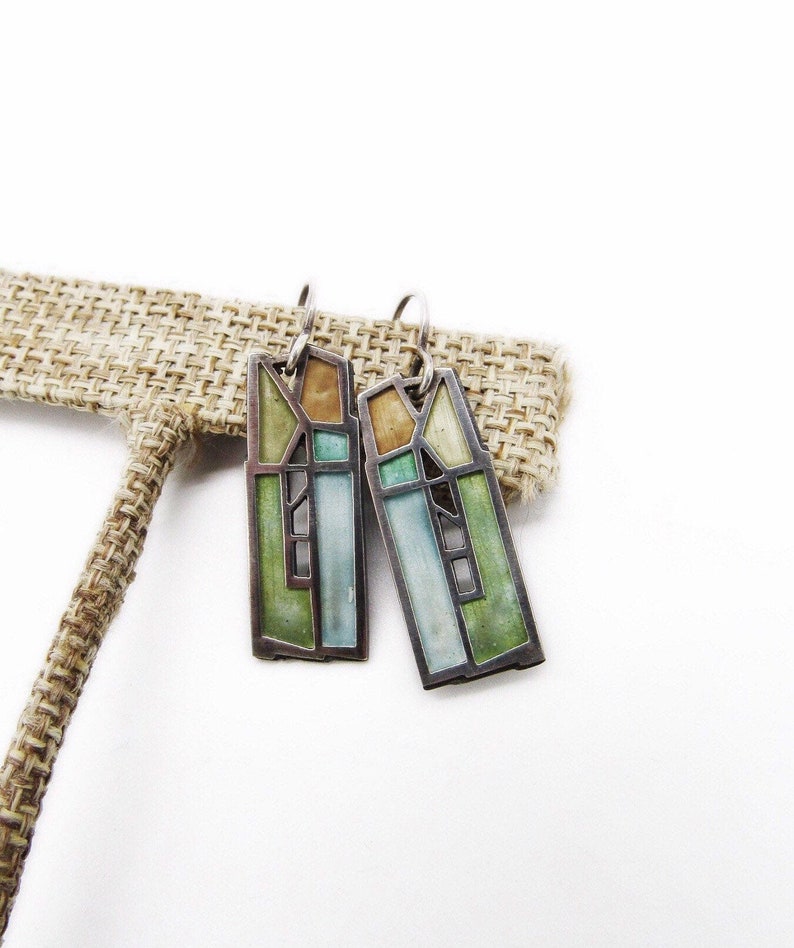 Artisan Carly Wright vintage Modernist Champleve Enamel Sterling Silver Church Window signed dangle earrings