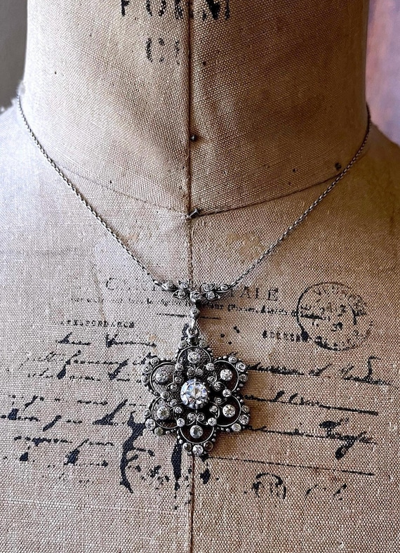 Exquisite antique French Georgian 830 Silver brilliant faceted Diamond Paste Stone accented gorgeous hallmarked Lavaliere Necklace