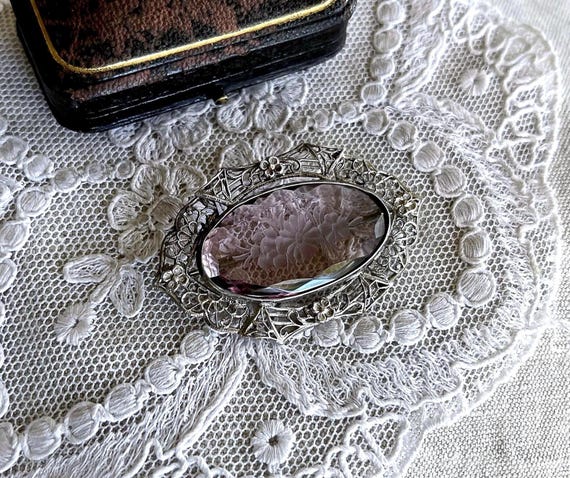 Vintage Germany Art Deco Sterling Silver Filigree Floral Amethyst Intaglio Glass accented lovely hallmarked Statement Brooch