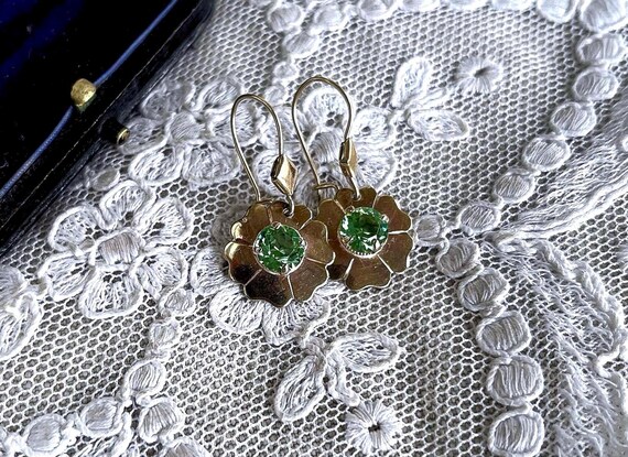 Romantic vintage Birmingham c.1962 William J. Pellow WJP 9K 375 Yellow Gold faceted Peridot Glass Stone accented charming Dangle Earrings