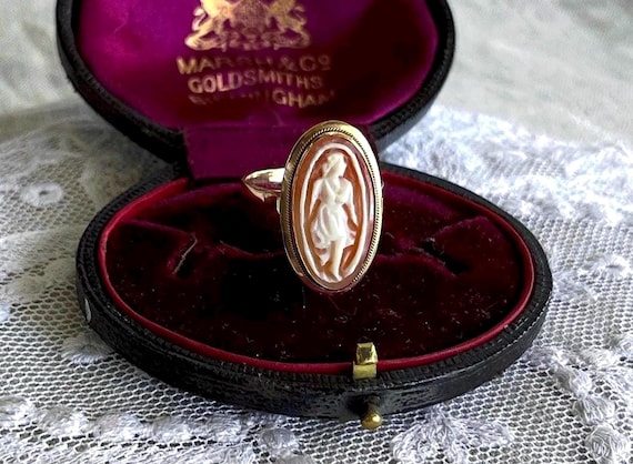 Victorian Revival 14K Gold Conch Shell Cameo Ring, Dancing Maiden, Size 8