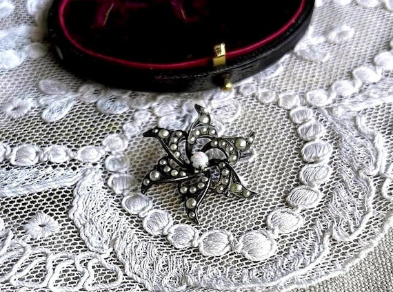 Victorian Sterling Silver Starburst Brooch: Opal & Seed Pearl Accent