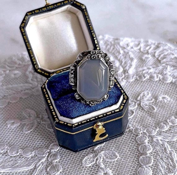 1930s Germany Art Deco Sterling Silver Blue Chalcedony Marcasite accented hallmarked Cocktail Ring