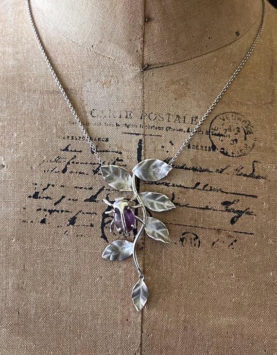 RARE vintage Nouveau Revival Haute Couture DANMAIK Mexico Sterling Silver Rhodium Plated Floral Motif genuine Amethyst Ladybug Necklace