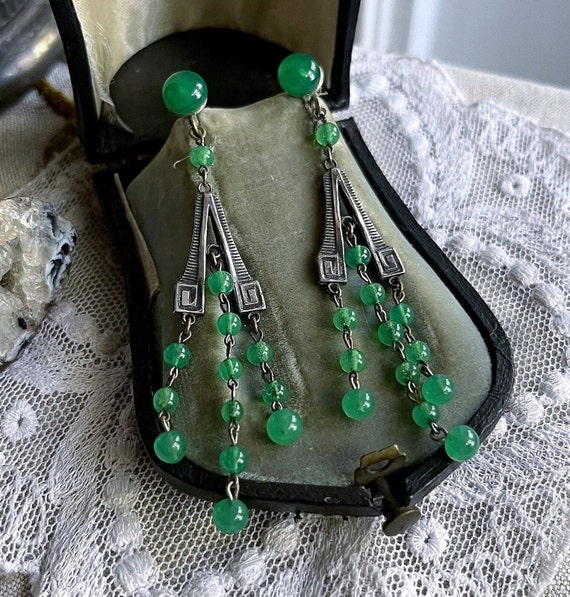 Gorgeous antique Art Deco Sterling Silver luminous faceted Jade Czech Glass accented Stamped Screw Back stamped Drop Earrings