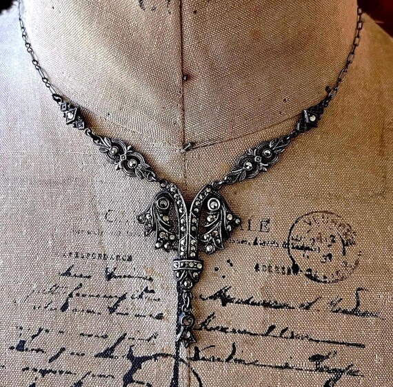 Romantic antique Edwardian Era demure Sterling Silver faceted Marcasite Crystal accented lovely stamped Lavaliere Choker Necklace