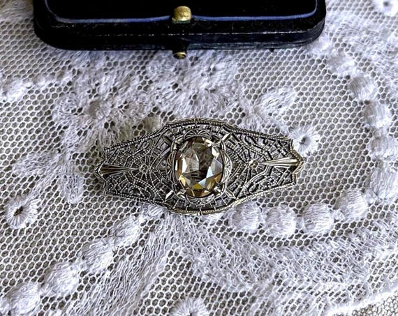 Edwardian Citrine Paste Brooch: Antique Gold Pinchbeck Filigree Lapel Pin