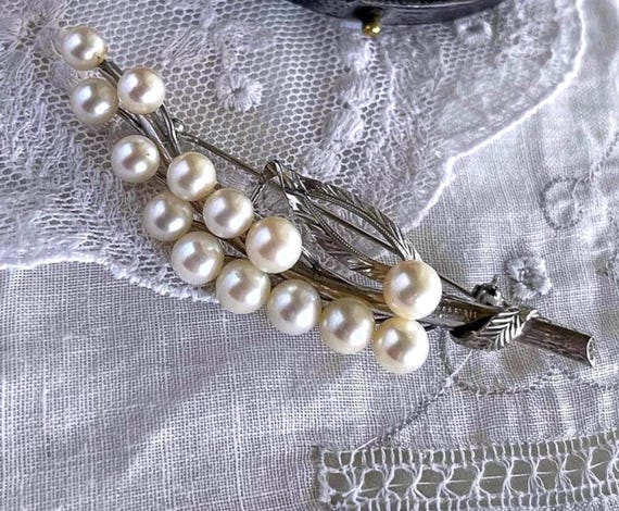 Vintage 1940s Japan Akoya Pearl accented Sterling Silver Floral Motif Spray Statement Brooch