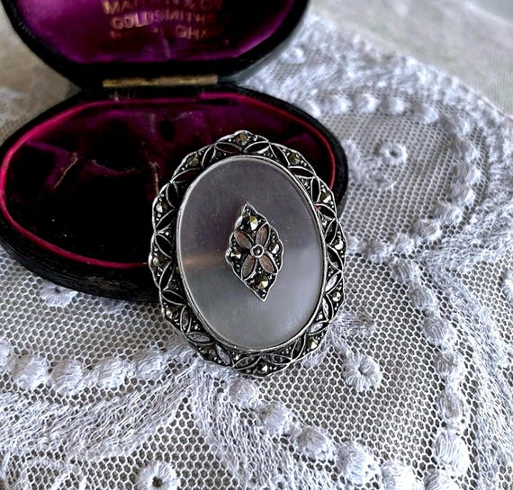 1930s Art Deco Sterling Silver Quartz Camphor Glass faceted Marcasite accented hallmarked Statement Brooch