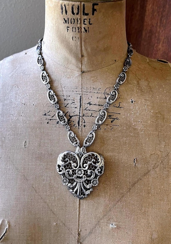 Amazing Victorian Revival Mid Century Danecraft Sterling Silver Gothic and gorgeous hallmarked Medallion Pendant Statement Necklace