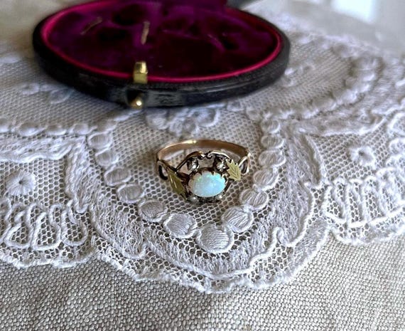 Antique Ostby Barton Opal Ring: 10K Yellow Gold, Seed Pearl Accents, Size 7