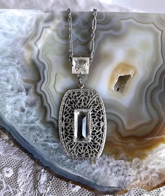 Antique Edwardian Filigree Lavaliere Necklace, Emerald Cut Paste Stone