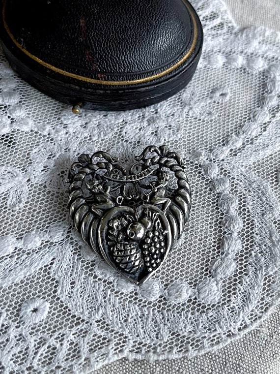 Collectible vintage 1940s Guglielmo Cini Italy Sterling Silver ornate Gemini Zodiac Motif Renaissance Revival stamped Heart Designer Brooch