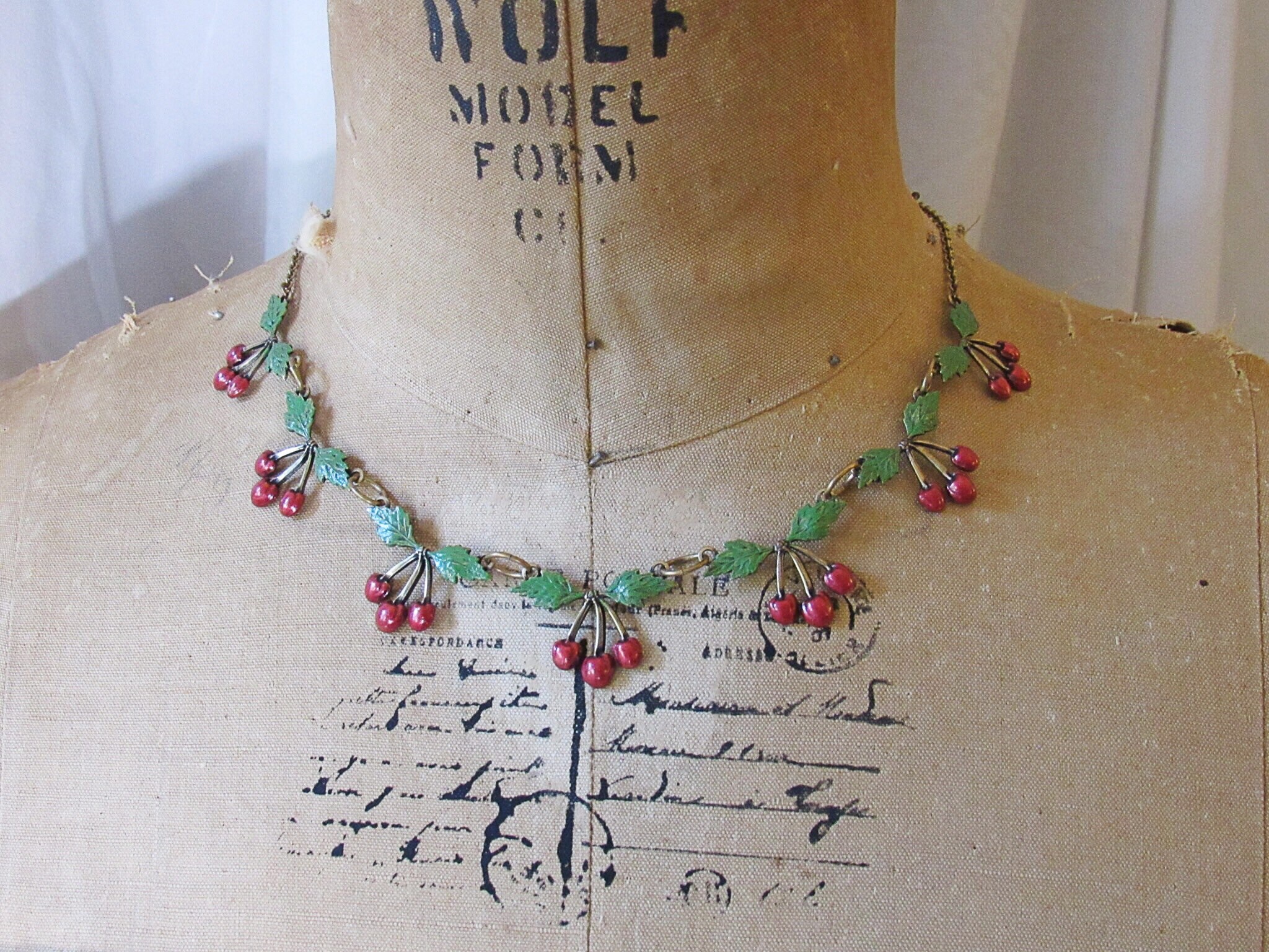 Vintage Top Shelf retro antiqued brass brilliant red and green Cherry